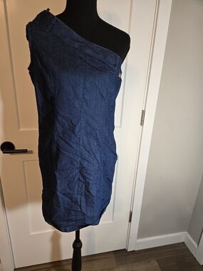 Thread Story One Shoulder Denim Asymmetric Mini Dress Size Small